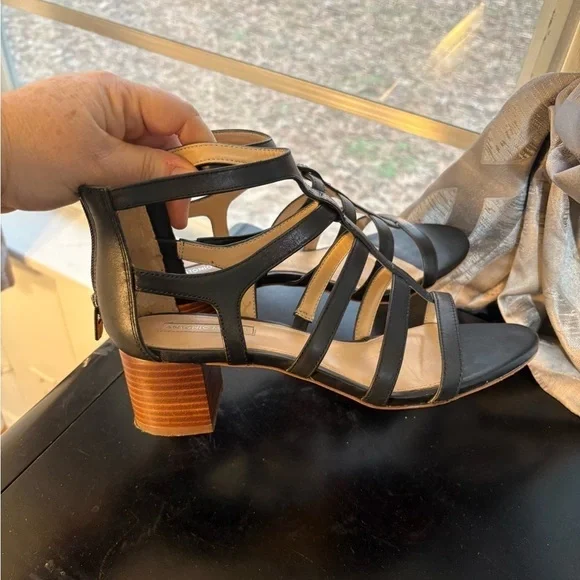 Antonio Melani Black Leather Cage Block Heel Sandals Women’s 7.5 - Picture 6 of 11